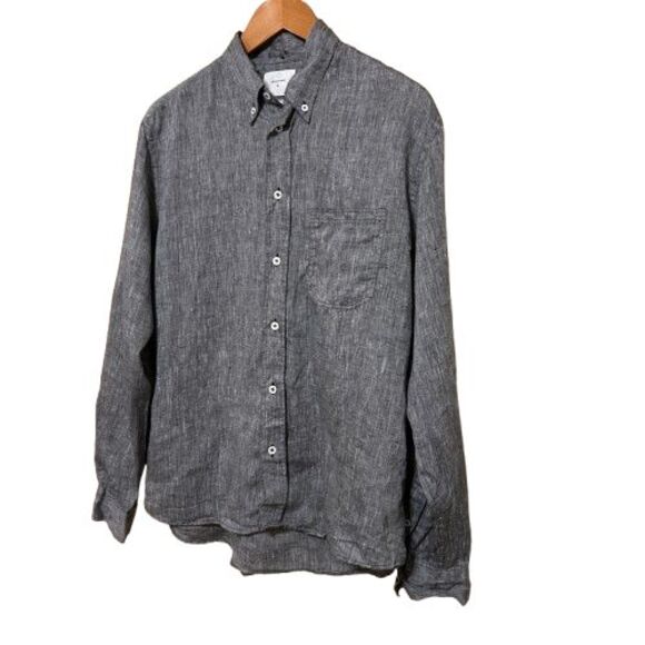 Billy Reid Button Down Shirt Men Medium Standard Black White Speckle 100% Linen - Picture 3 of 7